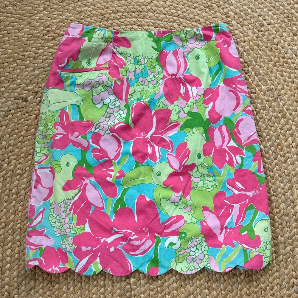 Lilly Pulitzer Pink & Green A-Line Scallop Skirt Toucan Flowers Tropical